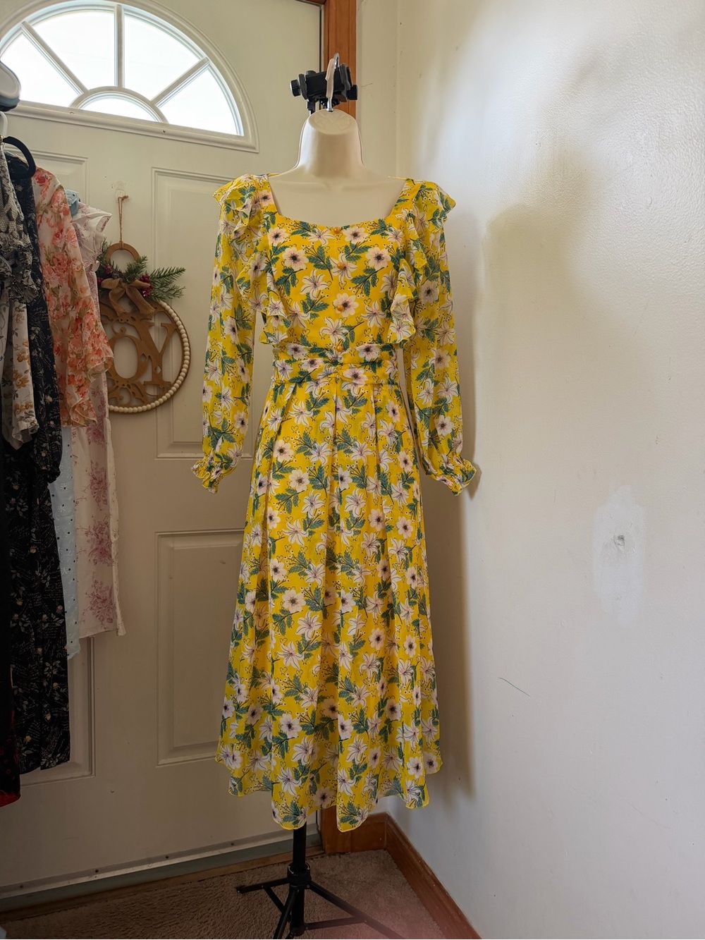 Yellow Floral Long Sleeve Midi Dress can fit s and m - Picture 1 of 7